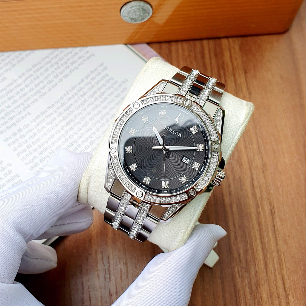 Bulova Crystal Collection Black Dial Silver Steel Strap Watch for Men - 96K104 Buy Now By Bulova