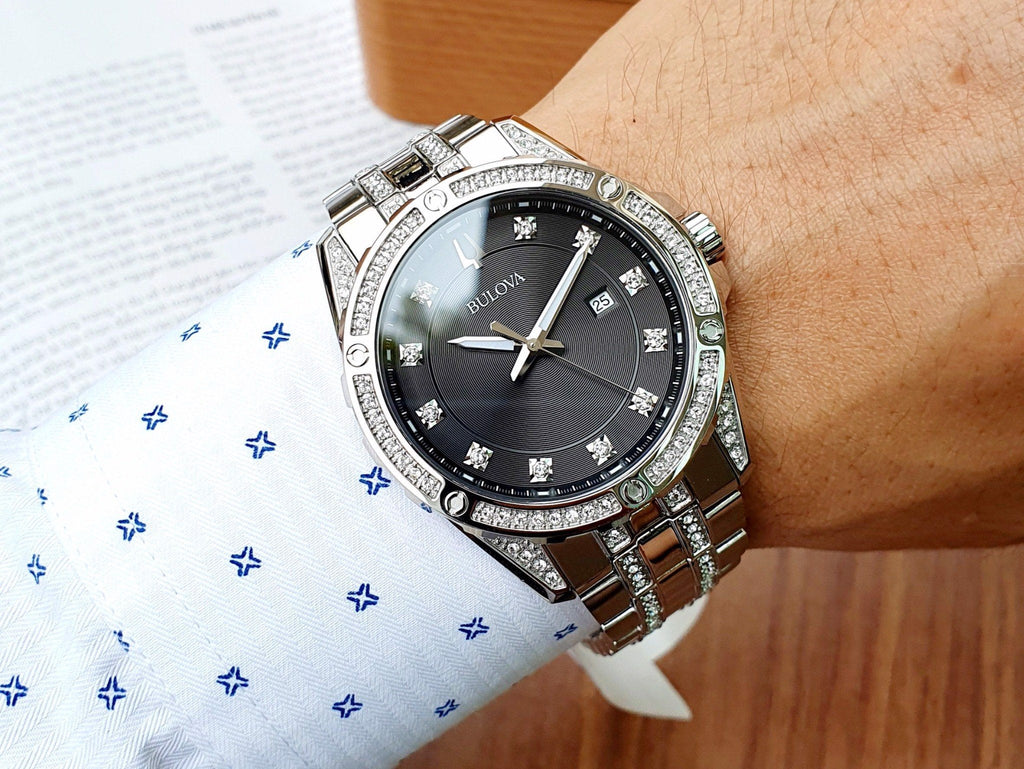 Bulova Crystal Collection Black Dial Silver Steel Strap Watch for Men - 96K104 Buy Now By Bulova