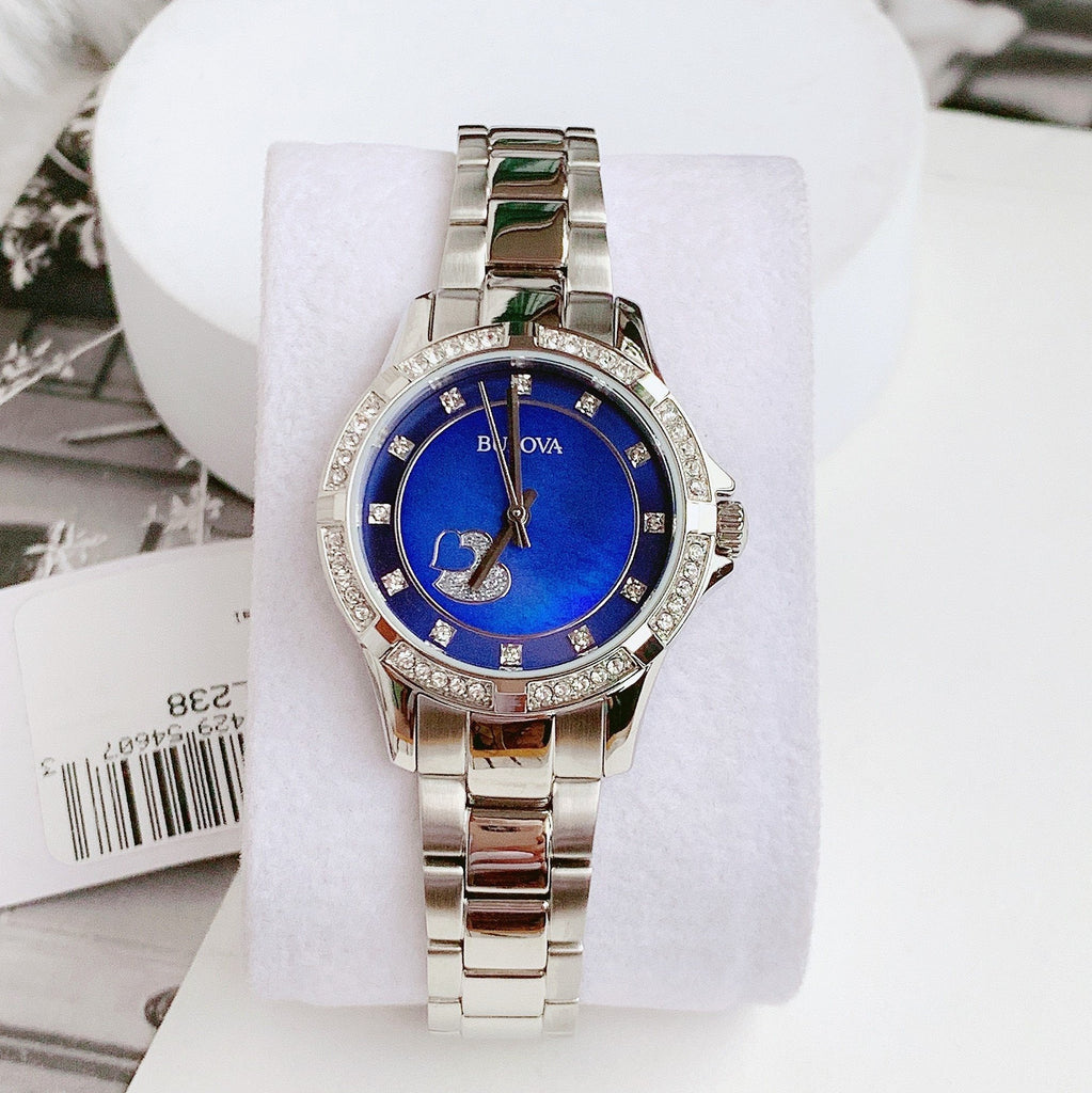 Bulova Crystal Collection Blue Mother of Pearl Dial Silver Steel Strap Watch for Women - 96L238 Buy Now By Bulova