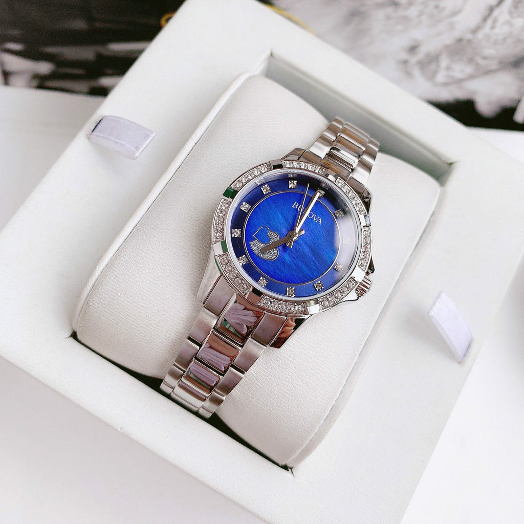 Bulova Crystal Collection Blue Mother of Pearl Dial Silver Steel Strap Watch for Women - 96L238 Buy Now By Bulova
