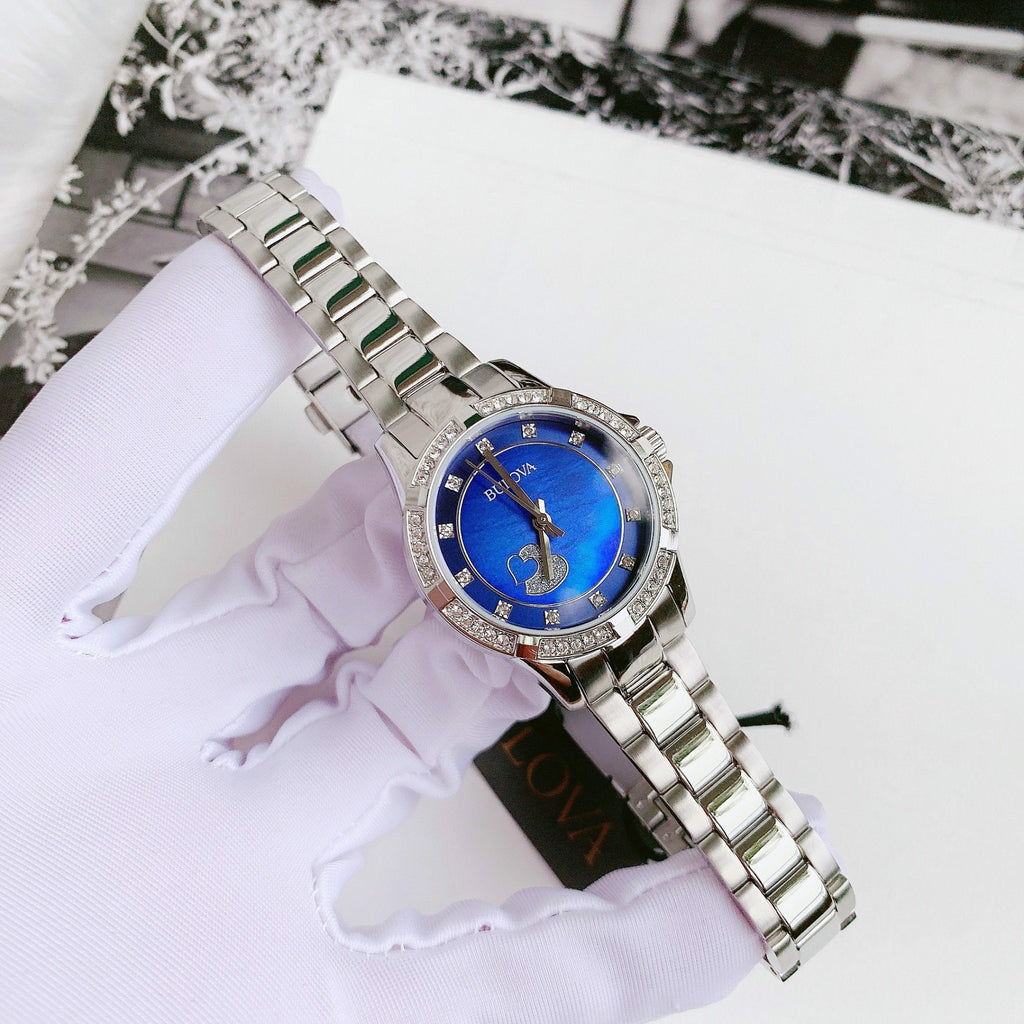 Bulova Crystal Collection Blue Mother of Pearl Dial Silver Steel Strap Watch for Women - 96L238 Buy Now By Bulova