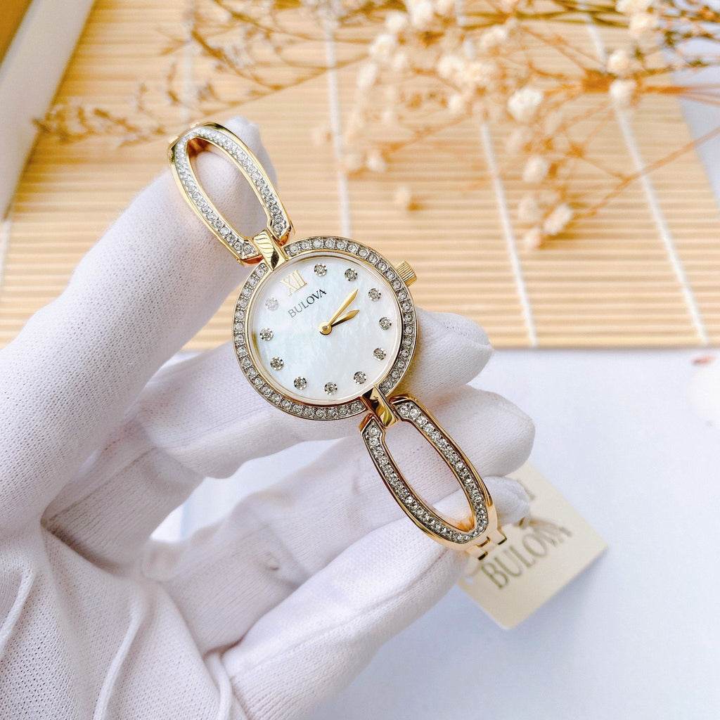 Bulova Crystal Collection Mother of Pearl Dial Gold Steel Strap Watch for Women - 98L225 Buy Now By Bulova