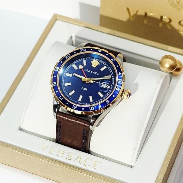 Versace Hellenyium GMT Blue Dial Brown Leather Strap Watch for Men - V11080017 Buy Now By Versace