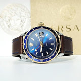 Versace Hellenyium GMT Blue Dial Brown Leather Strap Watch for Men - V11080017 Buy Now By Versace