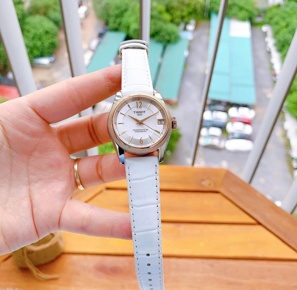 Tissot T-Classic Powermatic 80 Mother of Pearl Silver Dial White Leather Strap Watch For Women - T108.208.26.117.00