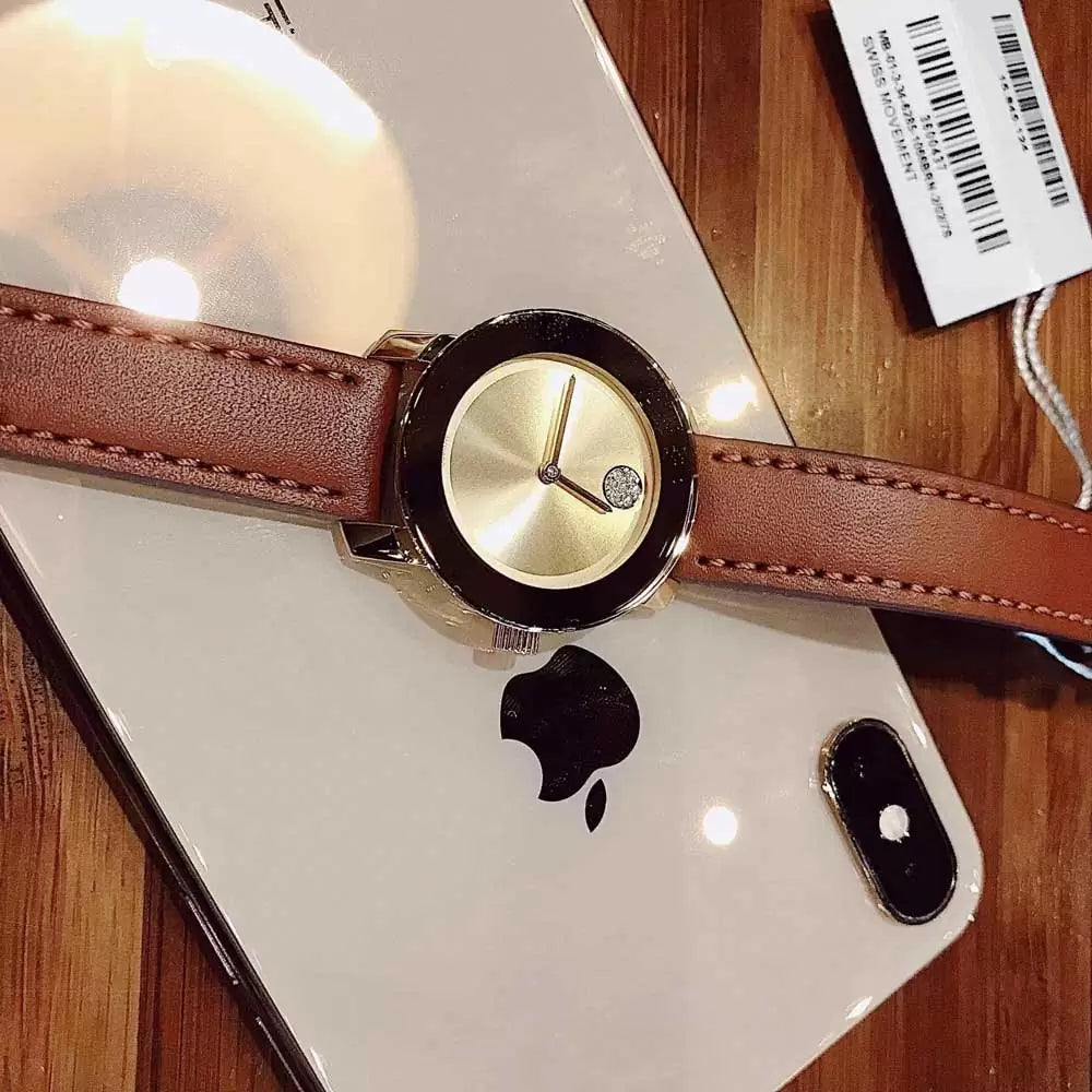 Movado Bold Gold Dial Brown Leather Strap Watch for Women - 3600437 Buy Now By Movado