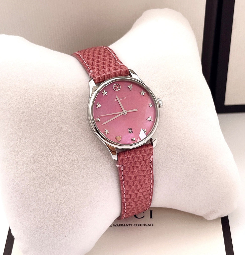 Gucci G-Timeless Pink Mother of Pearl Dial Pink Leather Strap Watch For Women - YA126586 Buy Now By Gucci