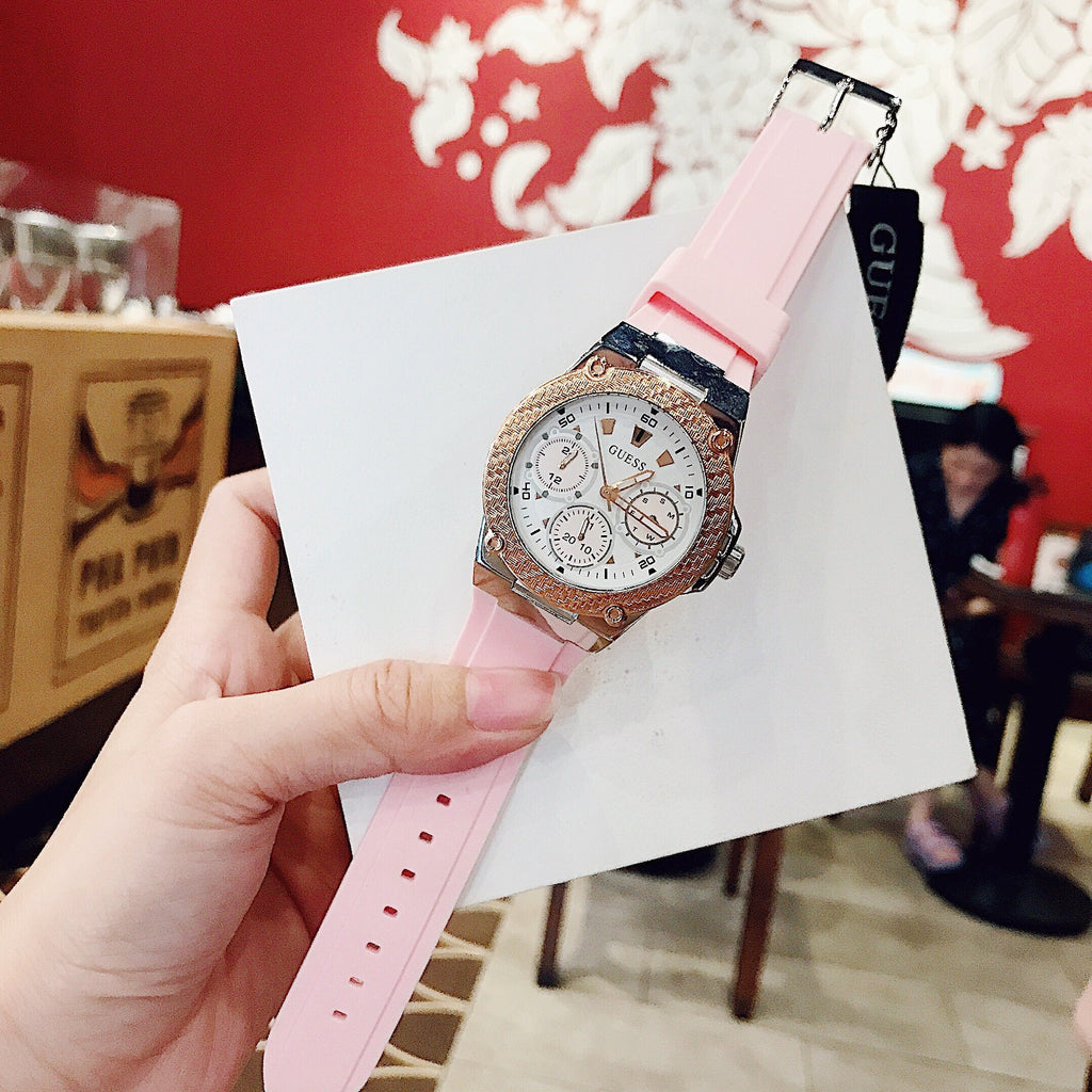 Guess Zena Quartz White Dial Pink Rubber Strap Watch For Women - W1094L4