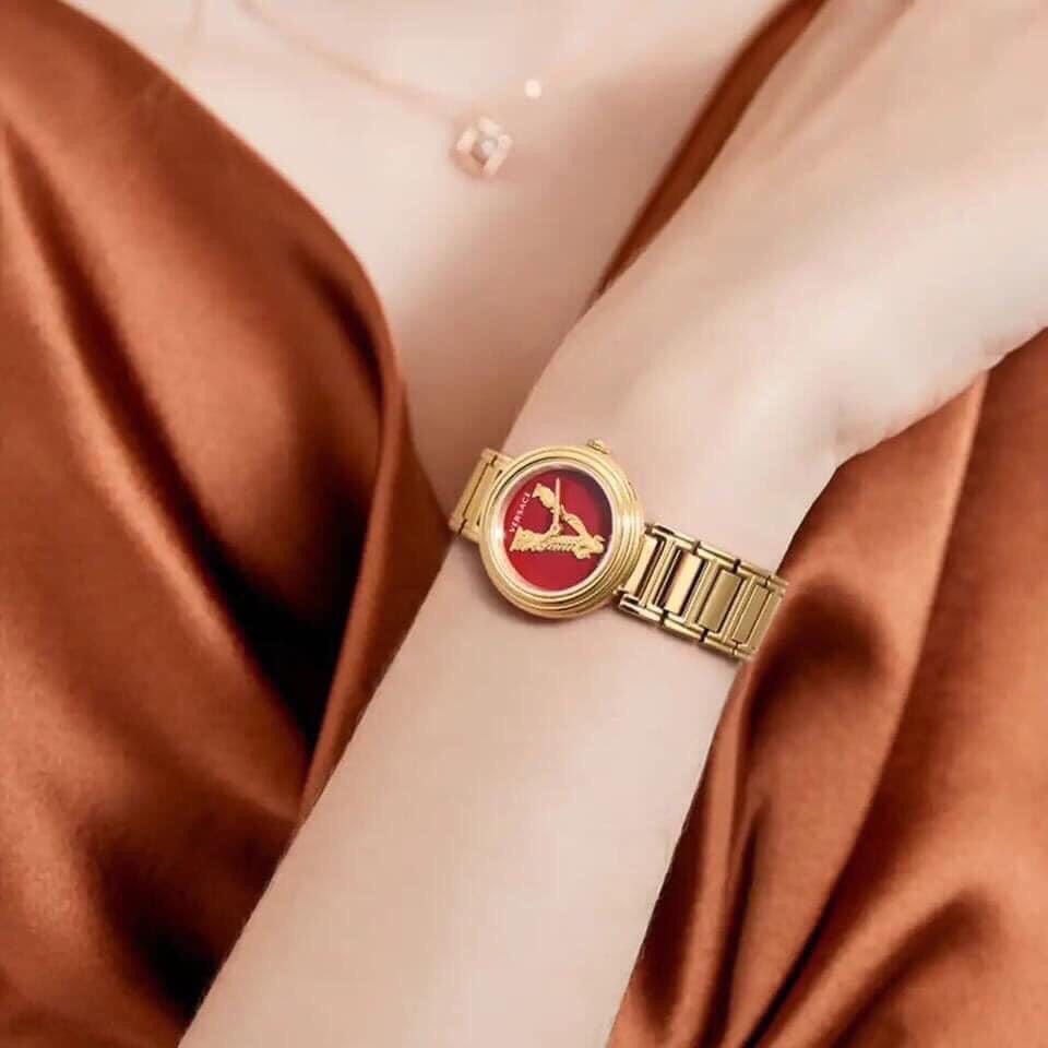 Versace Virtus Mini Quartz Red Dial Gold Steel Strap Watch For Women - VET300321 Buy Now By Versace