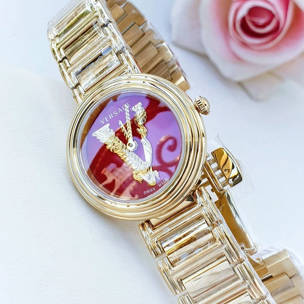Versace Virtus Mini Quartz Red Dial Gold Steel Strap Watch For Women - VET300321 Buy Now By Versace