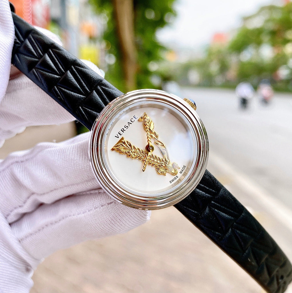 Versace Virtus Quartz White Dial Black Leather Strap Watch For Women - VET300421 Buy Now By Versace