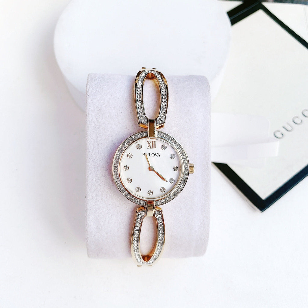 Bulova Crystal Collection Mother of Pearl Dial Gold Steel Strap Watch for Women - 98L225 Buy Now By Bulova