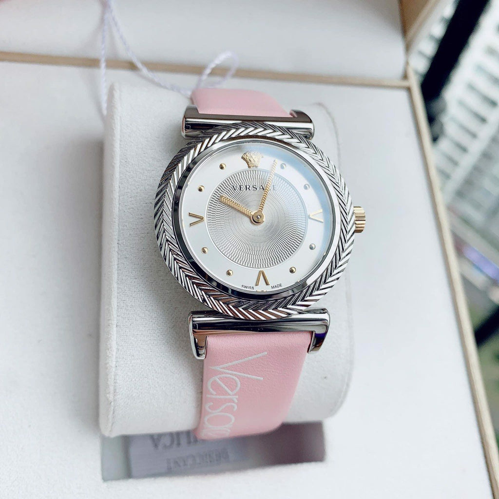 Versace V-Motif Silver Dial Pink Leather Strap Watch for Women - VERE00118 Buy Now By Versace