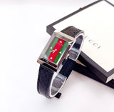 Gucci G-Frame Mother of Pearl Green & Red Dial Black Leather Strap Watch For Women - YA147403 Buy Now By Gucci