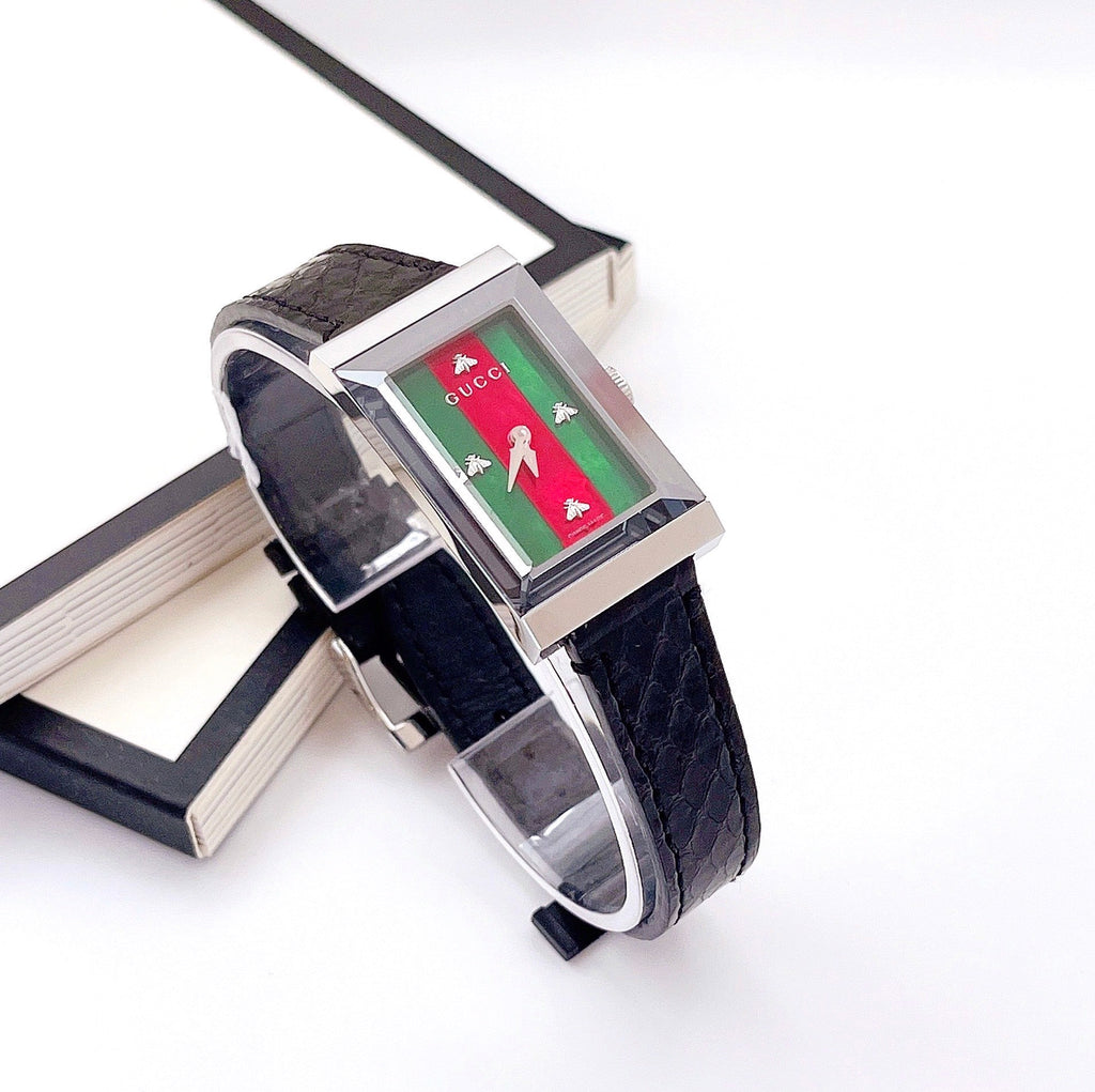 Gucci G-Frame Mother of Pearl Green & Red Dial Black Leather Strap Watch For Women - YA147403 Buy Now By Gucci