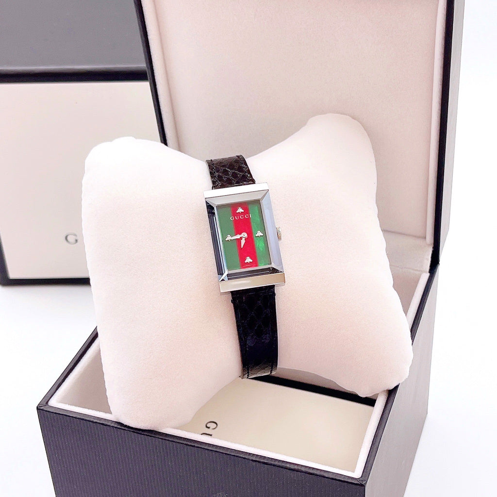 Gucci G-Frame Mother of Pearl Green & Red Dial Black Leather Strap Watch For Women - YA147403 Buy Now By Gucci