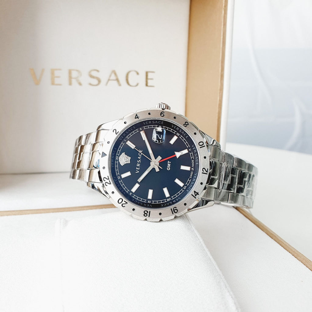 Versace Hellenyium GMT Black Dial Silver Steel Strap Watch for Men - V11020015 Buy Now By Versace