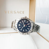 Versace Hellenyium GMT Black Dial Silver Steel Strap Watch for Men - V11020015 Buy Now By Versace