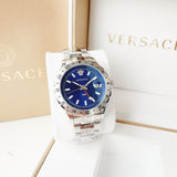 Versace Hellenyium GMT Blue Dial Silver Steel Strap Watch for Men - V11010015 Buy Now By Versace