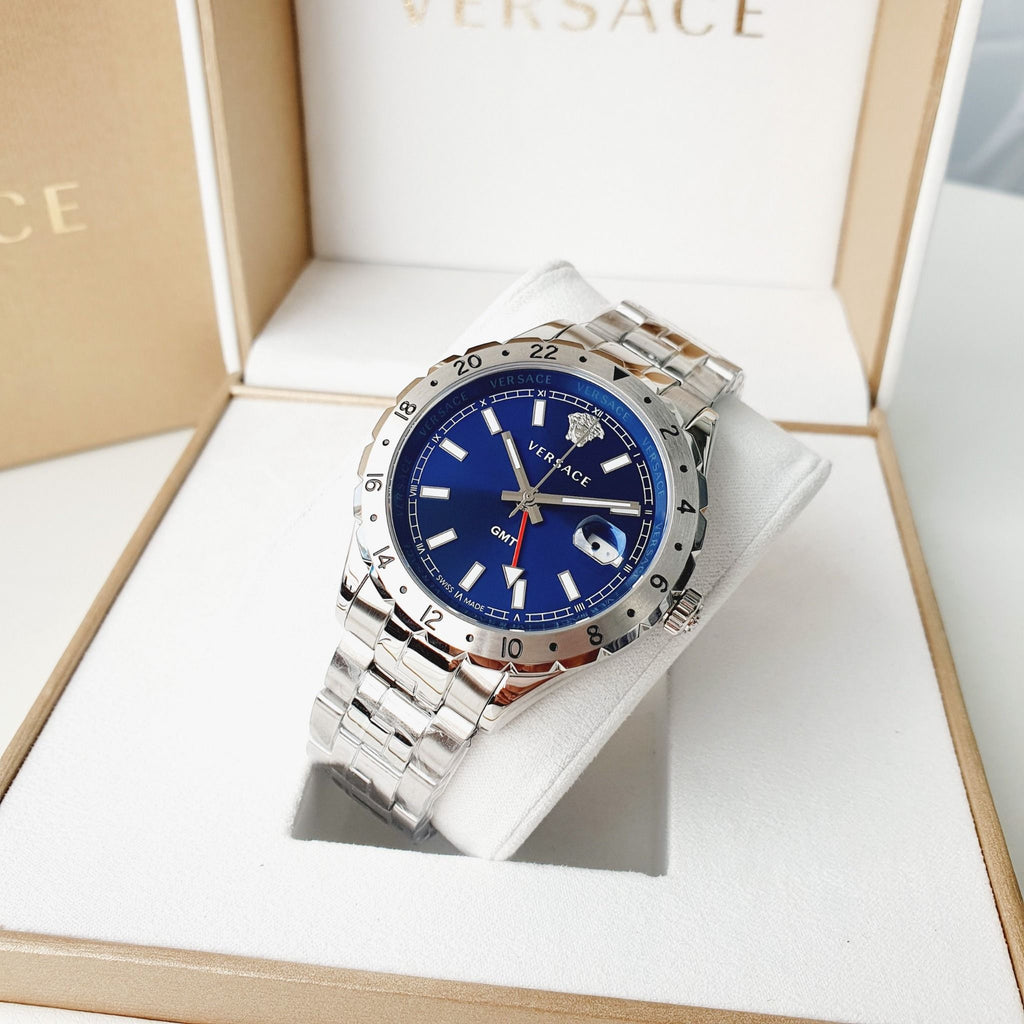 Versace Hellenyium GMT Blue Dial Silver Steel Strap Watch for Men - V11010015 Buy Now By Versace