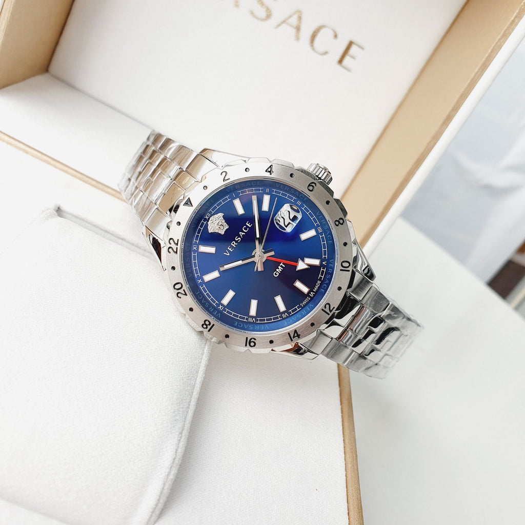 Versace Hellenyium GMT Blue Dial Silver Steel Strap Watch for Men - V11010015 Buy Now By Versace
