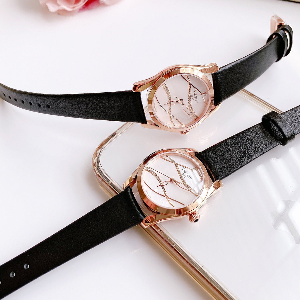 Tissot T Wave Diamond Mother of Pearl Dial Black Leather Strap Watch For Women - T112.210.36.111.00 Buy Now By Tissot