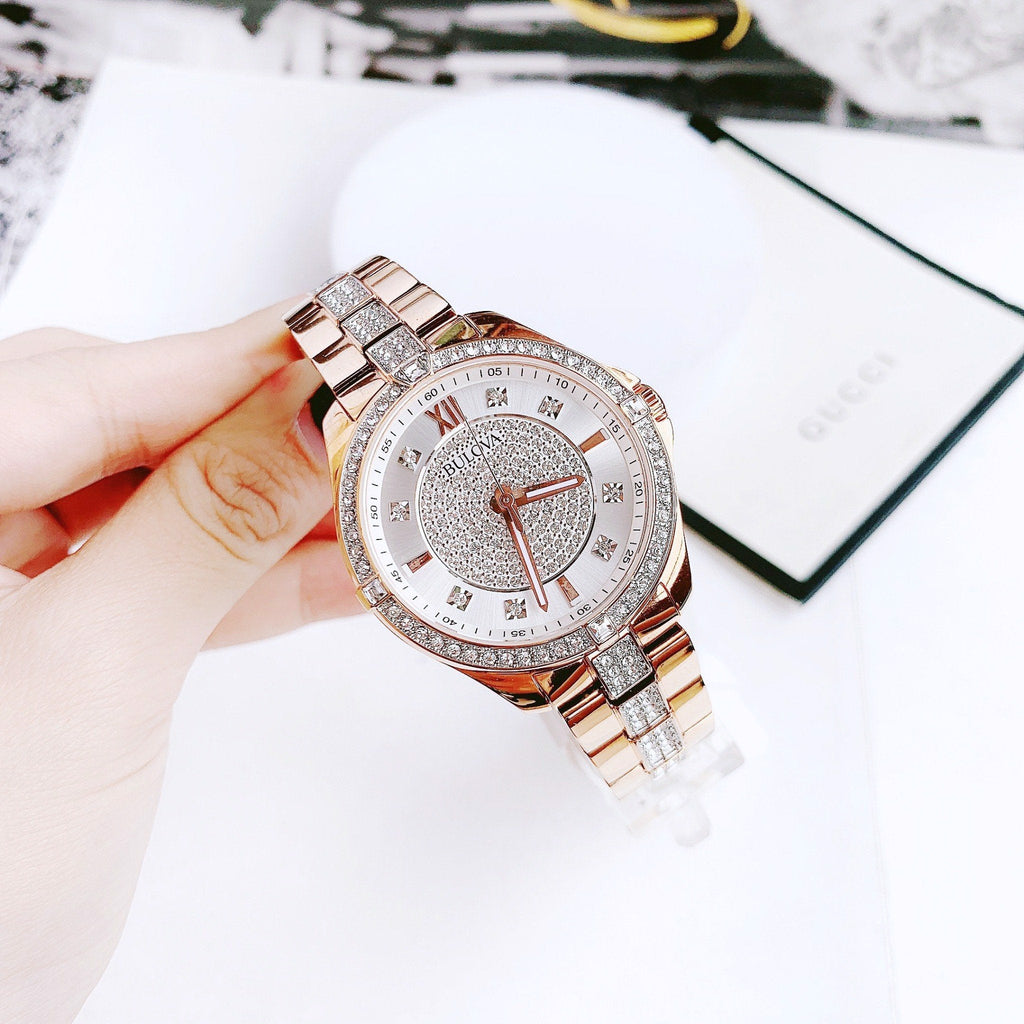 Bulova Crystal Collection Silver Dial Rose Gold Steel Strap Watch for Women - 98L229 Buy Now By Bulova