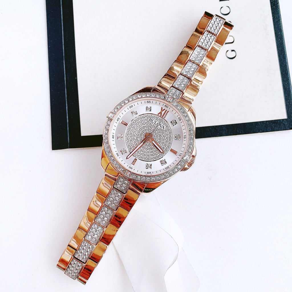 Bulova Crystal Collection Silver Dial Rose Gold Steel Strap Watch for Women - 98L229 Buy Now By Bulova