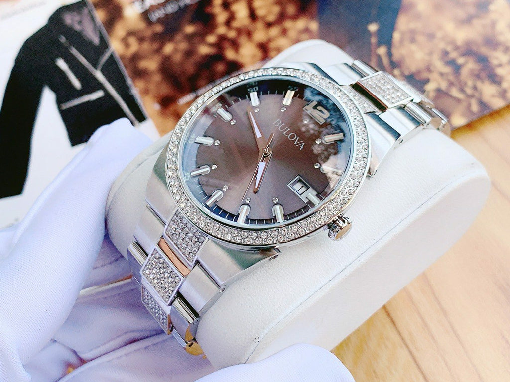 Bulova Crystal Collection Brown Dial Silver Steel Strap Watch for Men - 96B221 Buy Now By Bulova