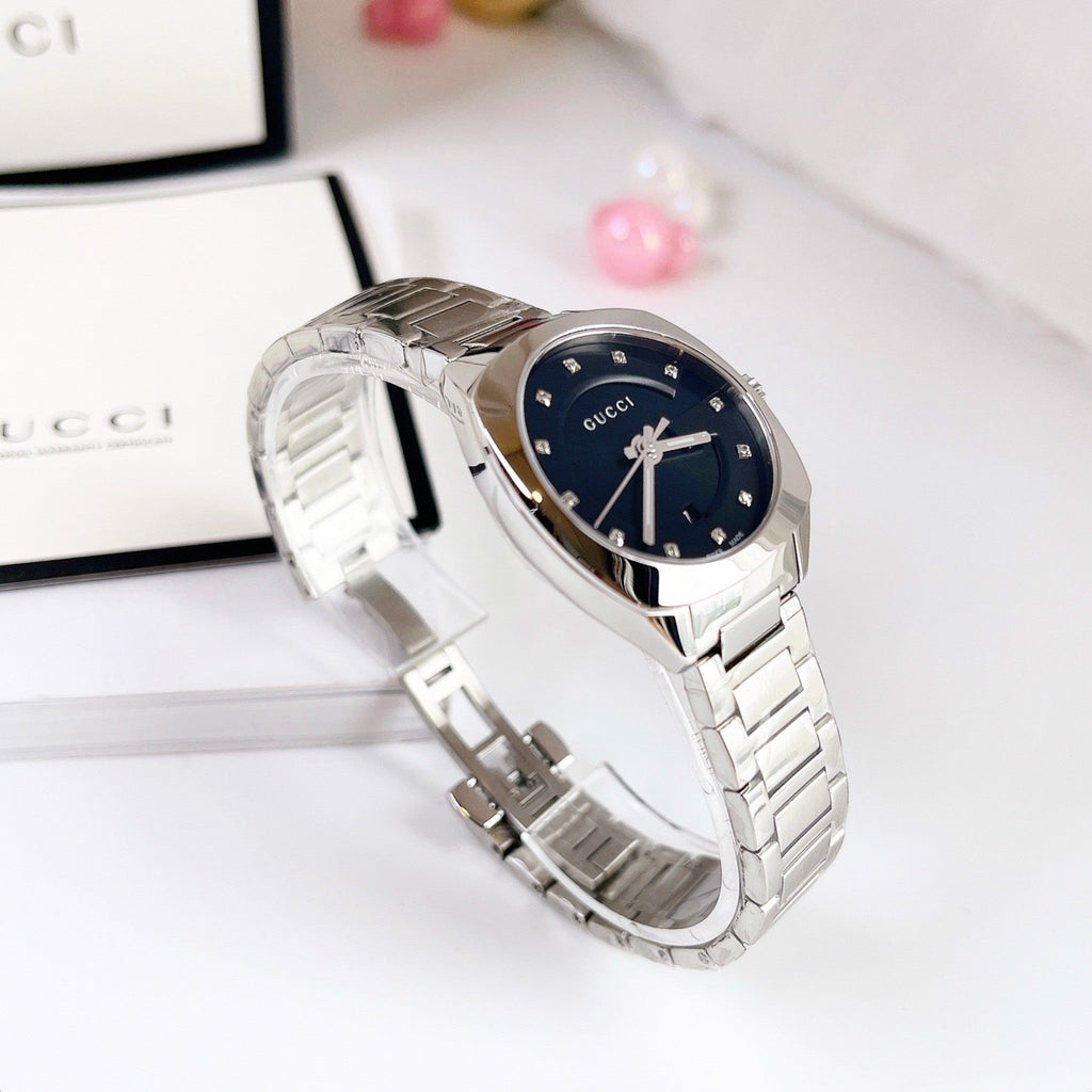 Gucci GG2570 Diamonds Black Dial Silver Steel Strap Watch For Women - YA142404 Buy Now By Gucci