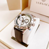 Versace Classic Chronograph Quartz Silver Dial Brown Leather Strap Watch For Men - VEV700119 Buy Now By Versace
