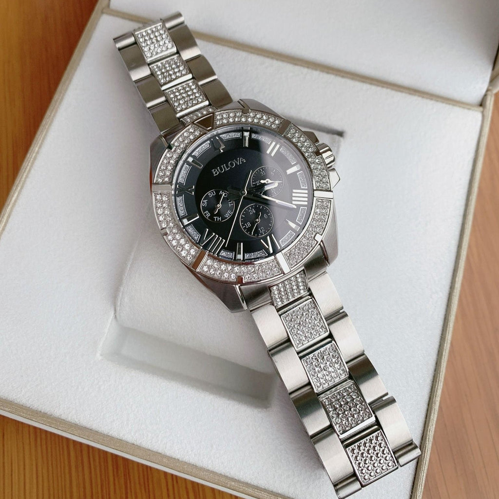 Bulova Crystal Collection Chronograph Black Dial Two Tone Steel Strap Watch for Men - 96C126 Buy Now By Bulova