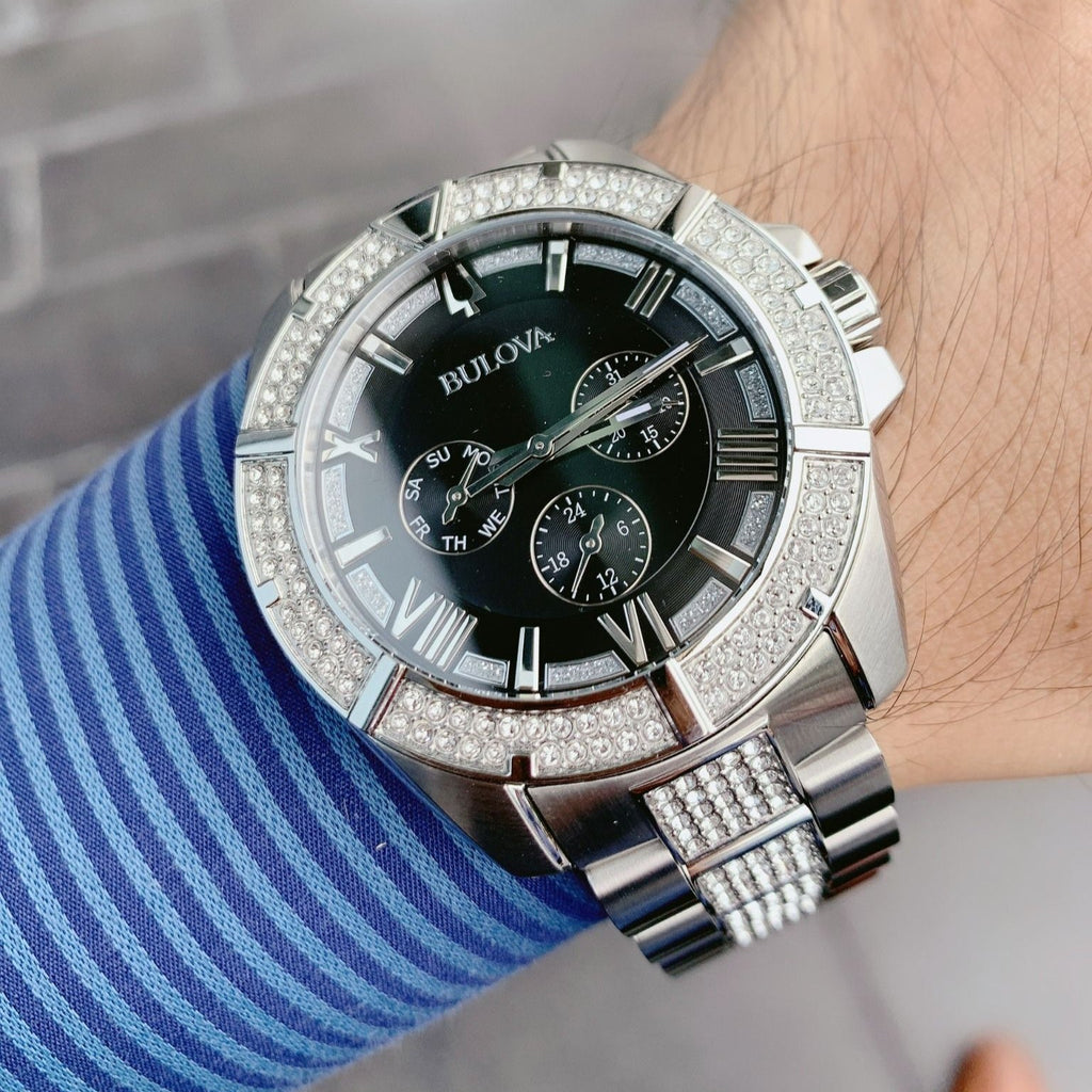 Bulova Crystal Collection Chronograph Black Dial Two Tone Steel Strap Watch for Men - 96C126 Buy Now By Bulova