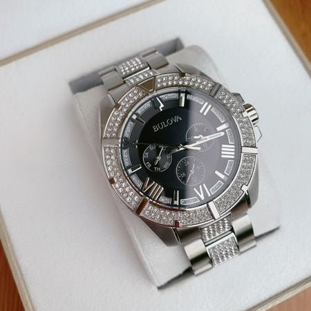 Bulova Crystal Collection Chronograph Black Dial Two Tone Steel Strap Watch for Men - 96C126 Buy Now By Bulova