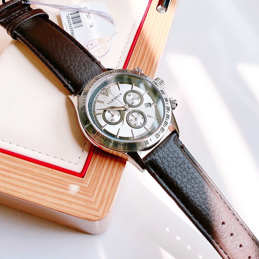 Versace Classic Chronograph Quartz Silver Dial Brown Leather Strap Watch For Men - VEV700119 Buy Now By Versace