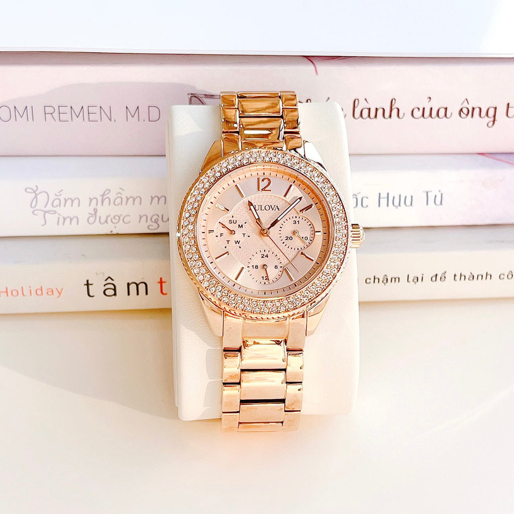 Bulova Crystal Silver Dial Rose Gold Steel Strap Watch for Women - 97N101 Buy Now By Bulova