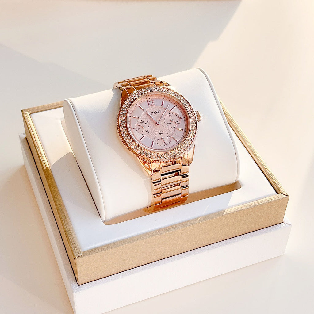 Bulova Crystal Silver Dial Rose Gold Steel Strap Watch for Women - 97N101 Buy Now By Bulova