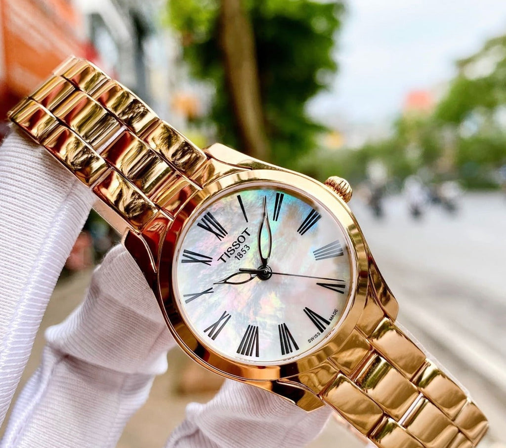 Tissot T Wave Mother of Pearl Dial Rose Gold Steel Strap Watch For Women - T112.210.33.113.00 Buy Now By Tissot