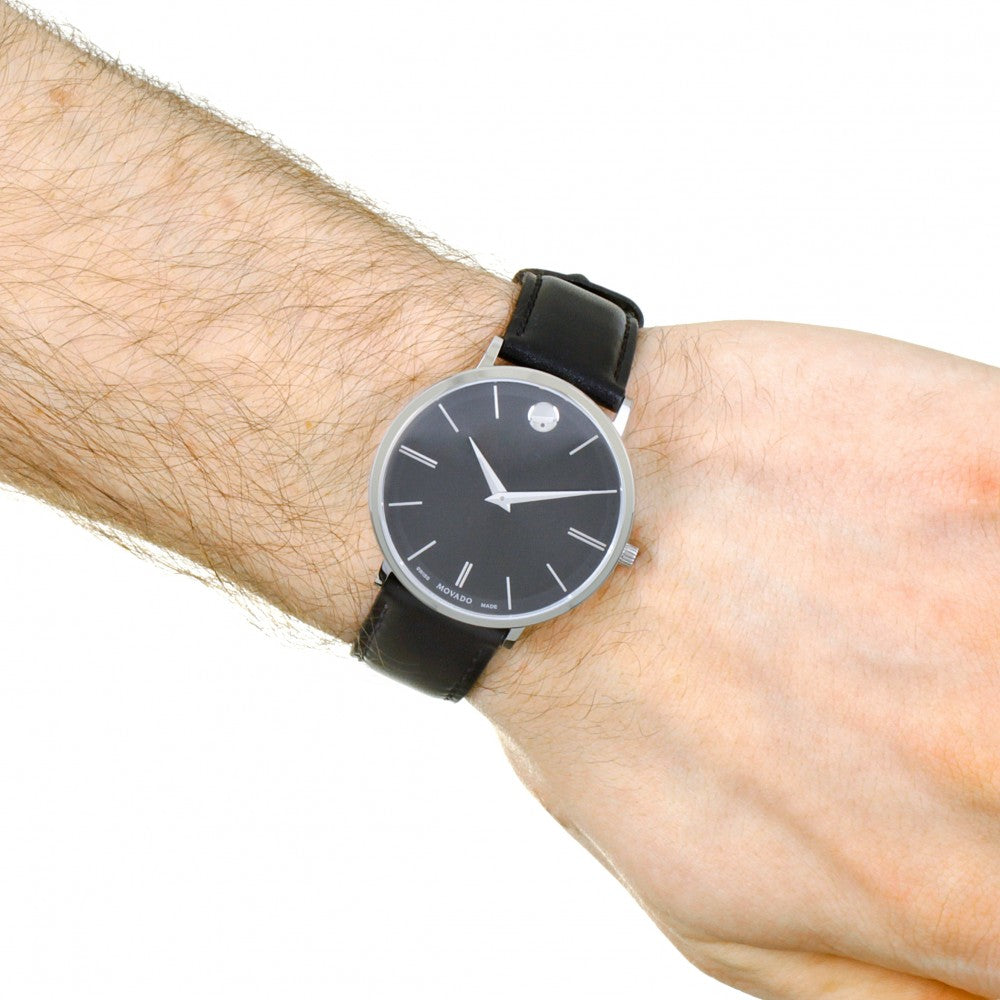 Movado Ultra Slim Black Dial Black Leather Strap Watch For Men - 0607086 Buy Now By Movado
