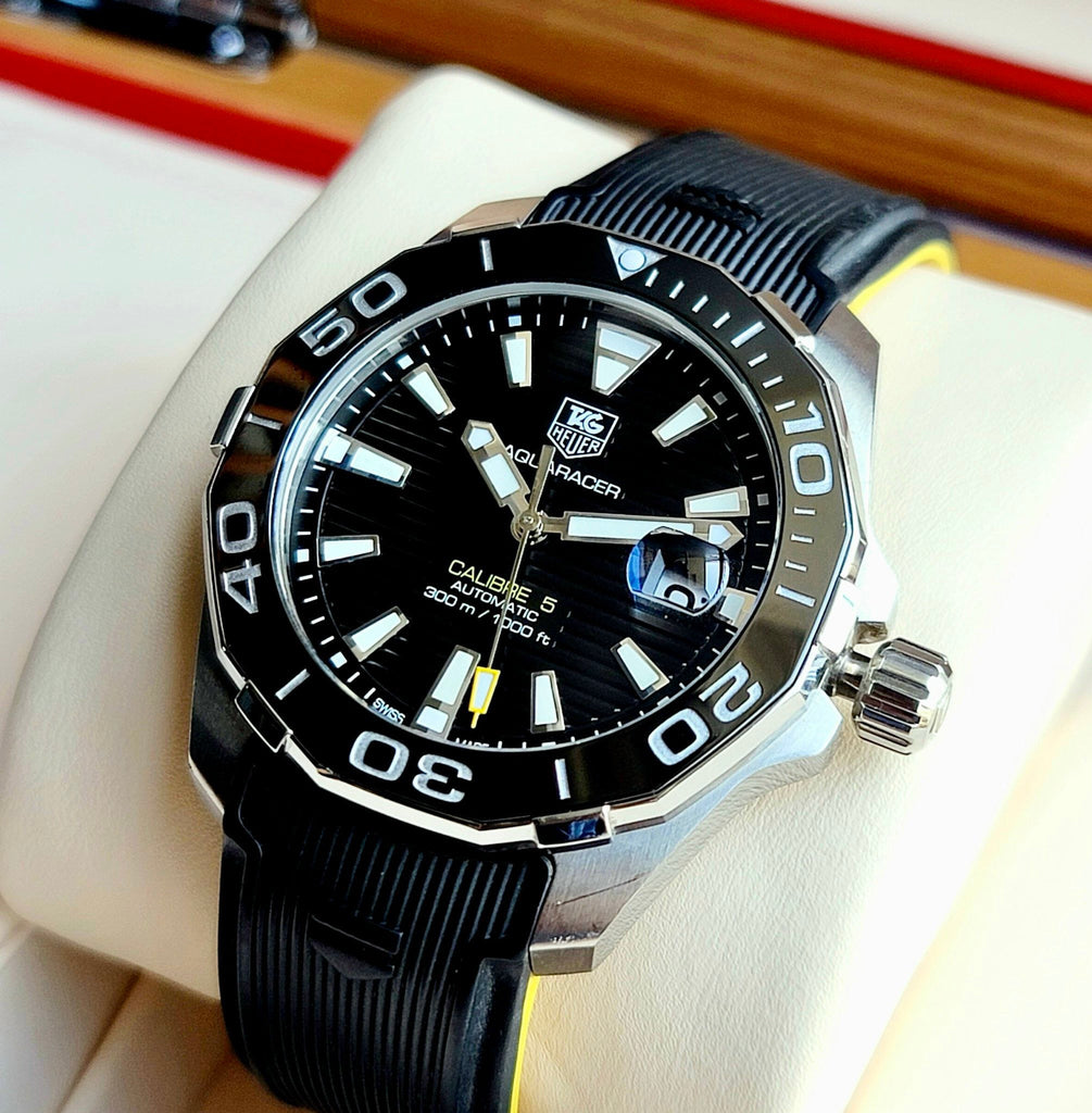 Tag Heuer Aquaracer Calibre 5 Automatic Black Dial Black Rubber Strap Watch for Men - WAY211A.FT6151 Buy Now By Tag Heuer