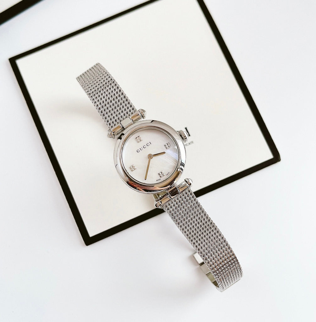 Gucci Diamantissima Quartz Diamonds Mother of Pearl Dial Silver Mesh Bracelet Watch for Women - YA141504 Buy Now By Gucci