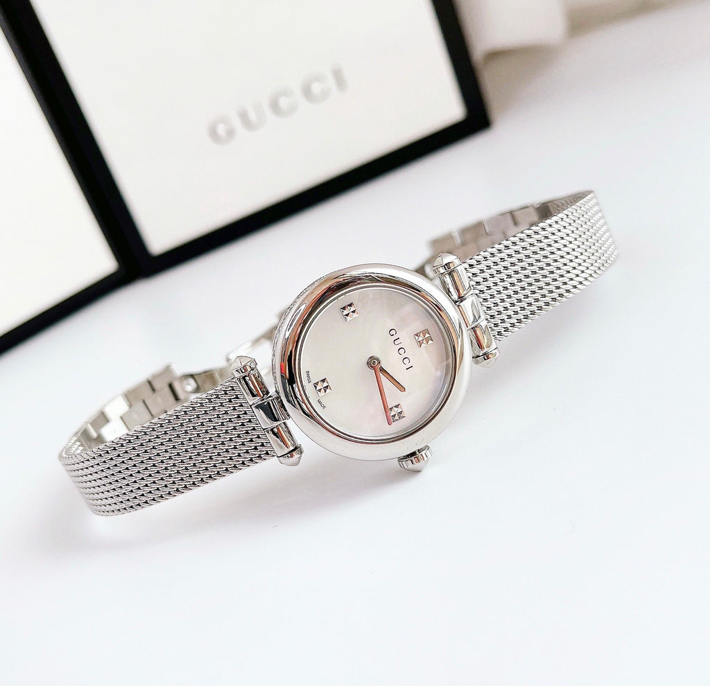 Gucci Diamantissima Quartz Diamonds Mother of Pearl Dial Silver Mesh Bracelet Watch for Women - YA141504 Buy Now By Gucci