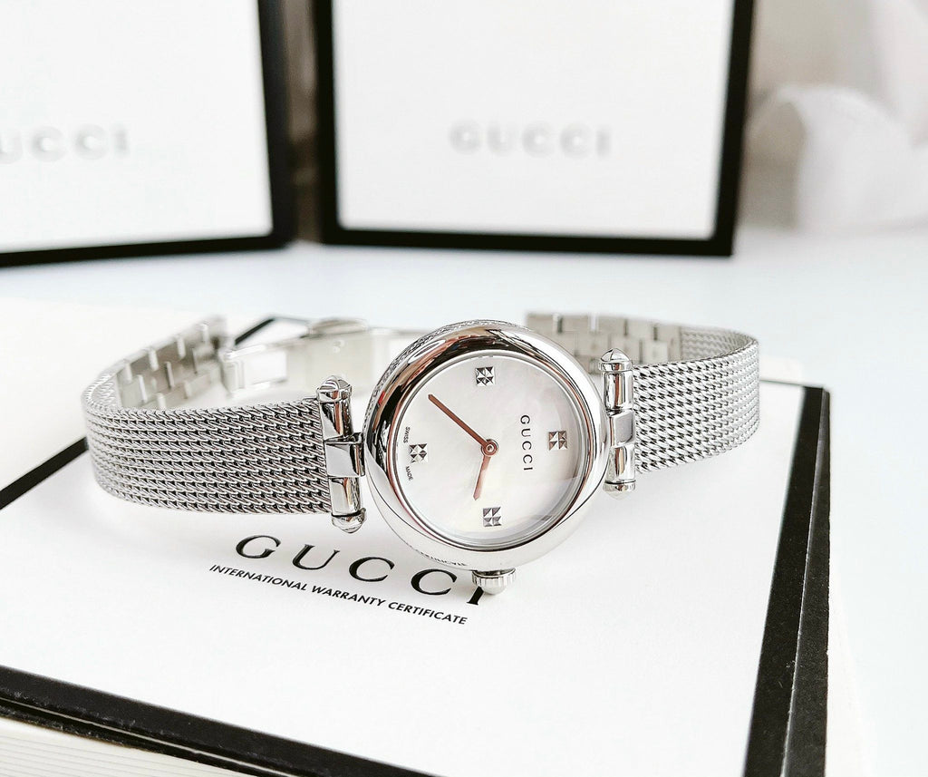 Gucci Diamantissima Quartz Diamonds Mother of Pearl Dial Silver Mesh Bracelet Watch for Women - YA141504 Buy Now By Gucci