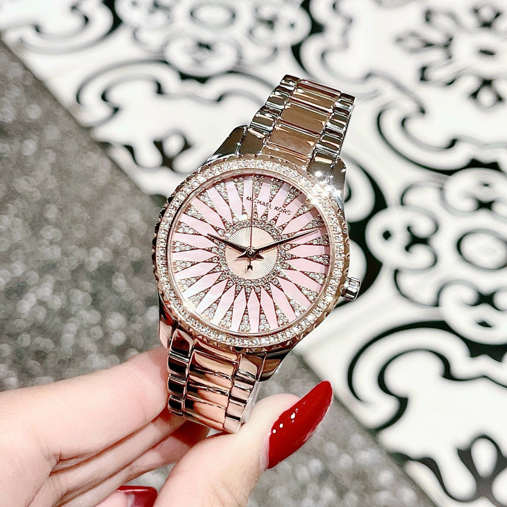 Michael Kors Layton Three Hand Pink Dial Two Tone Steel Strap Watch For Women - MK6894 Buy Now By Michael Kors