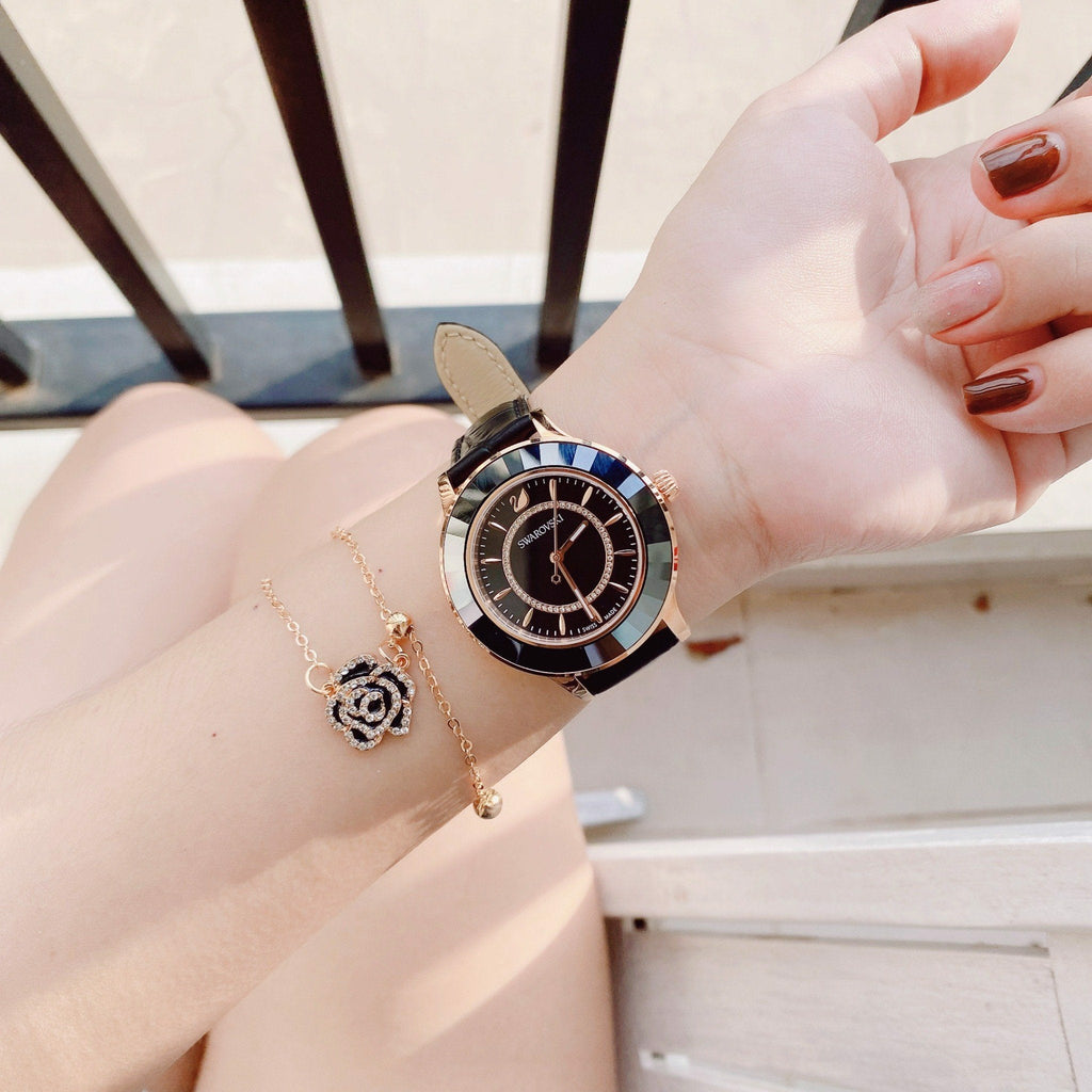 Swarovski Octea Lux Black Dial Black Leather Strap Watch for Women - 5414410 Buy Now By Swarovski