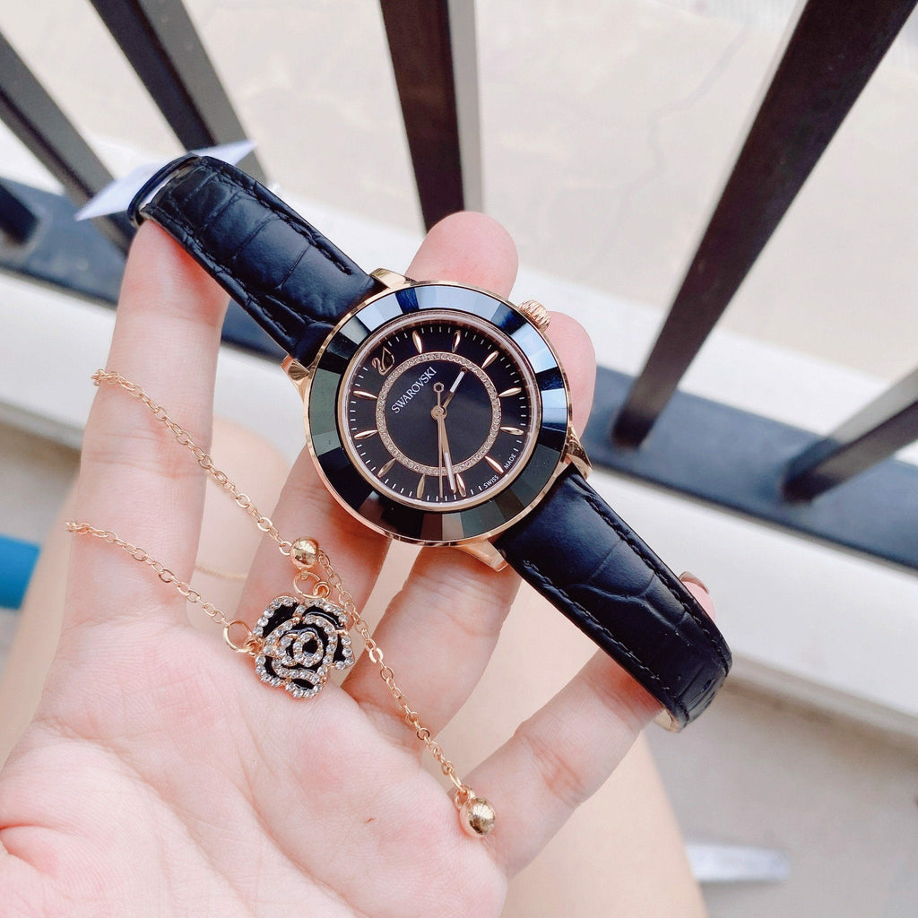 Swarovski Octea Lux Black Dial Black Leather Strap Watch for Women - 5414410 Buy Now By Swarovski