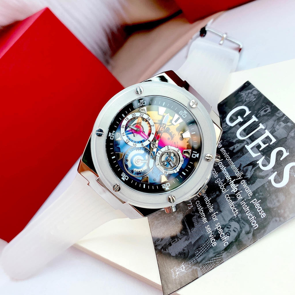 Guess Poseidon Chronograph Rainbow Dial White Silicone Strap Watch For Men - GW0425G4 Buy Now By Guess
