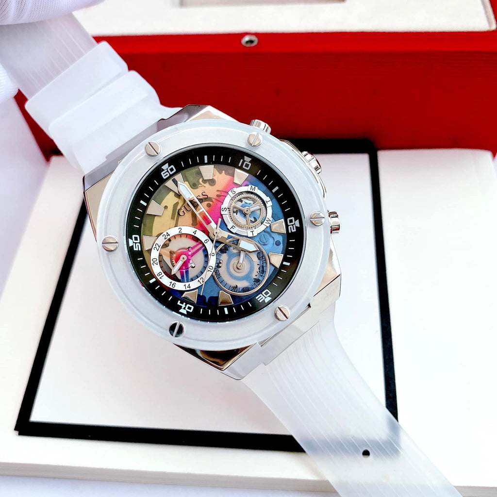 Guess Poseidon Chronograph Rainbow Dial White Silicone Strap Watch For Men - GW0425G4 Buy Now By Guess
