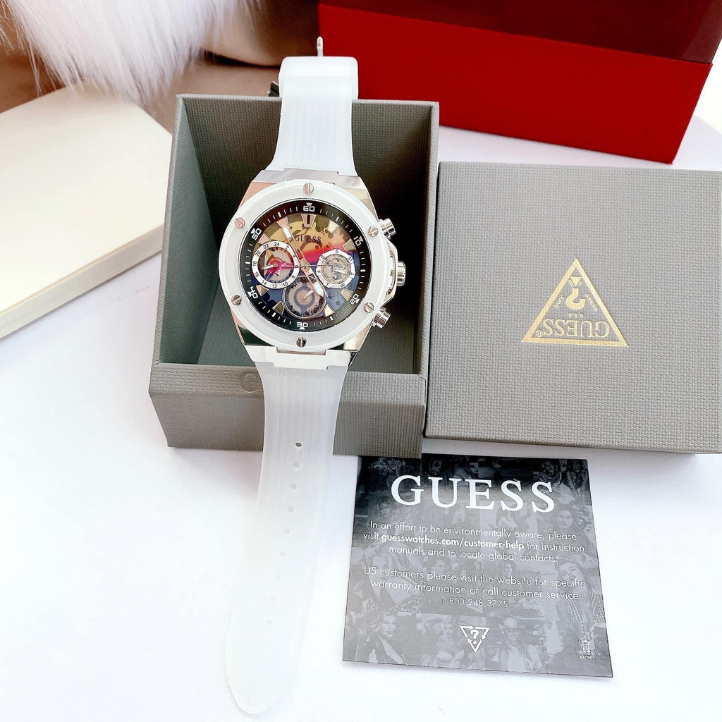 Guess Poseidon Chronograph Rainbow Dial White Silicone Strap Watch For Men - GW0425G4 Buy Now By Guess