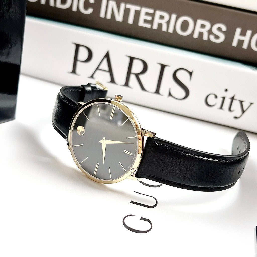 Movado Ultra Slim Black Dial Black Leather Strap Watch For Men - 0607087 Buy Now By Movado